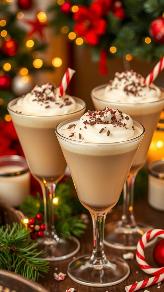 Creamy Christmas cocktails in glasses with whipped cream and festive garnishes, set against a holiday backdrop.